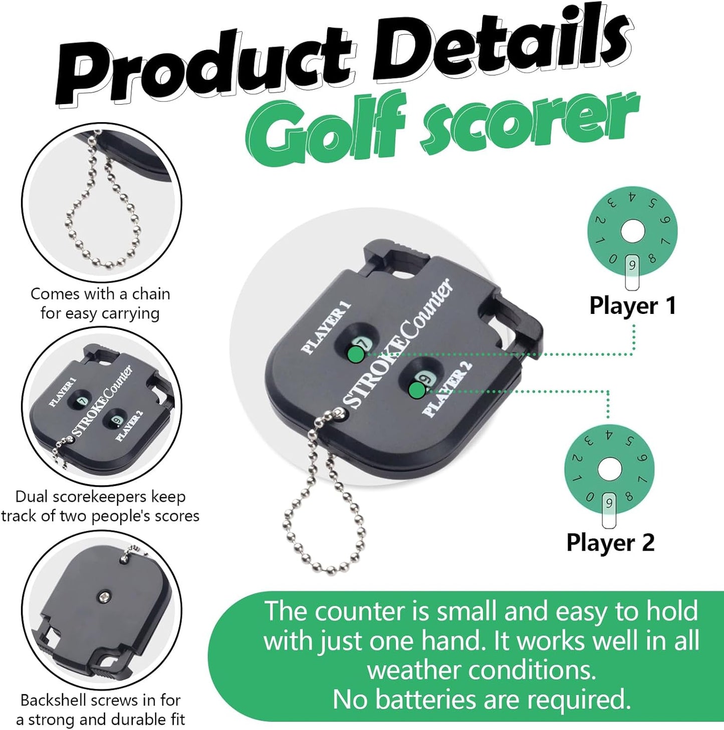 3 Pack Portable Golf Stroke Counter with Key Chain, 2 Player Shot Score Clicker Counter Handheld Small Digital Tally Counter for Golf Game Scoring Keeper Pitch Men Women