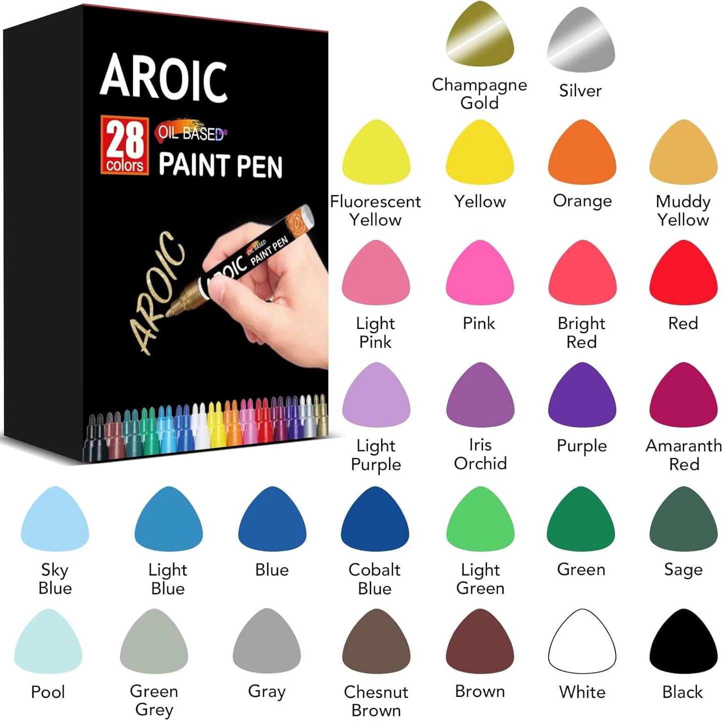 AROIC 28 Colors Acrylic Paint Markers, 2mm Fine Tip Permanent Paint Pens - Quick Dry, Waterproof, Non-Toxic for Glass, Ceramic, Metal, Plastic - Ideal for Artists, DIY Crafts & Rock Painting