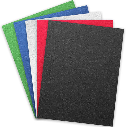 Binditek 100 Pack 13Mil Grain Texture Paper Binding Presentation Covers, 8-1/2 x 11 Inches 90lb, 250 GSM, Un-Punched, 5 Multi Colors (Black, White, Red, Green, Blue)