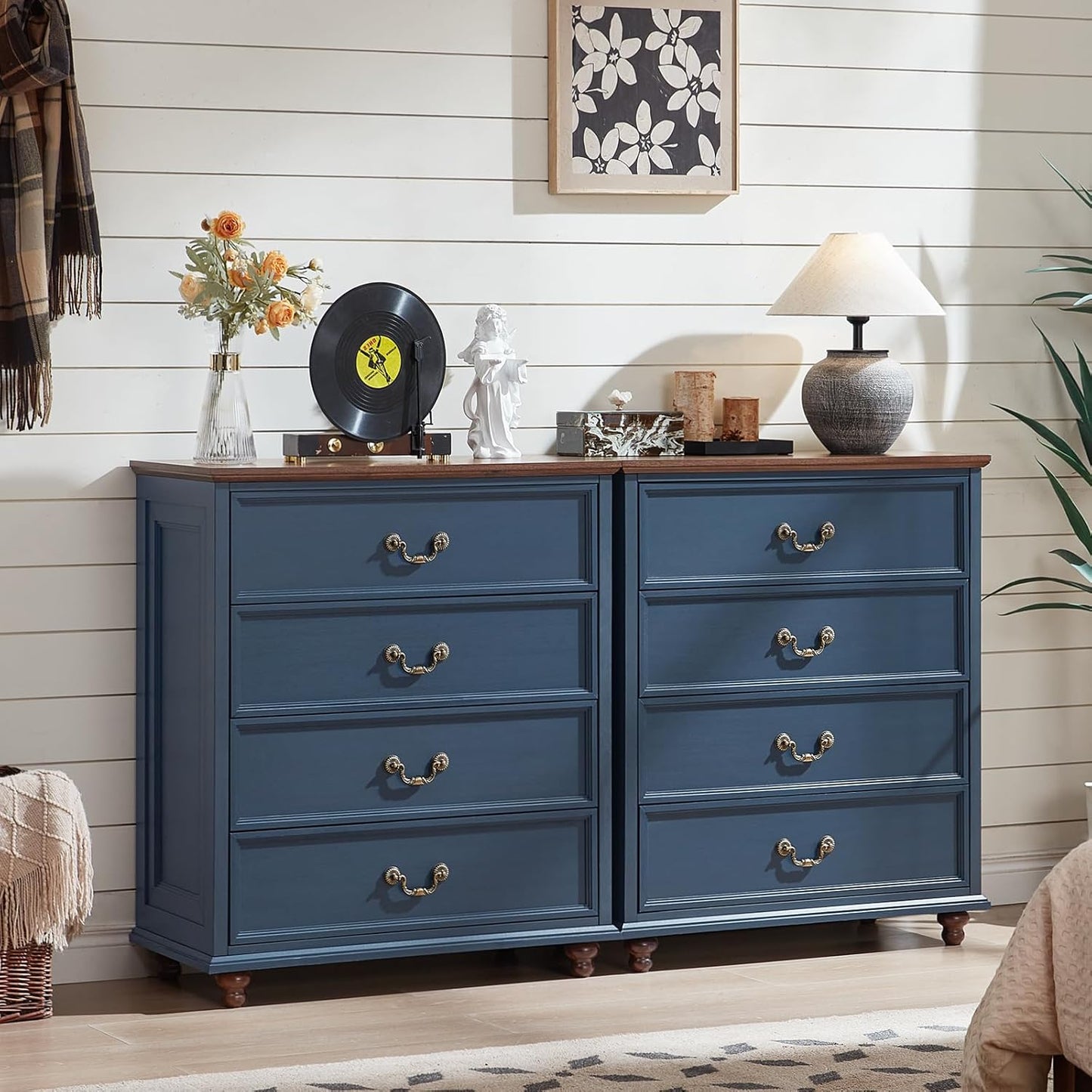 Farmhouse 4 Drawer Dresser Set of 2 for Bedroom, 37" Tall Rustic Chests of Drawers w/ 4 Solid Wood Feet, Mid Century Vintage Wooden Closet Storage Dressers Organizer for Living Room, Navy Blue