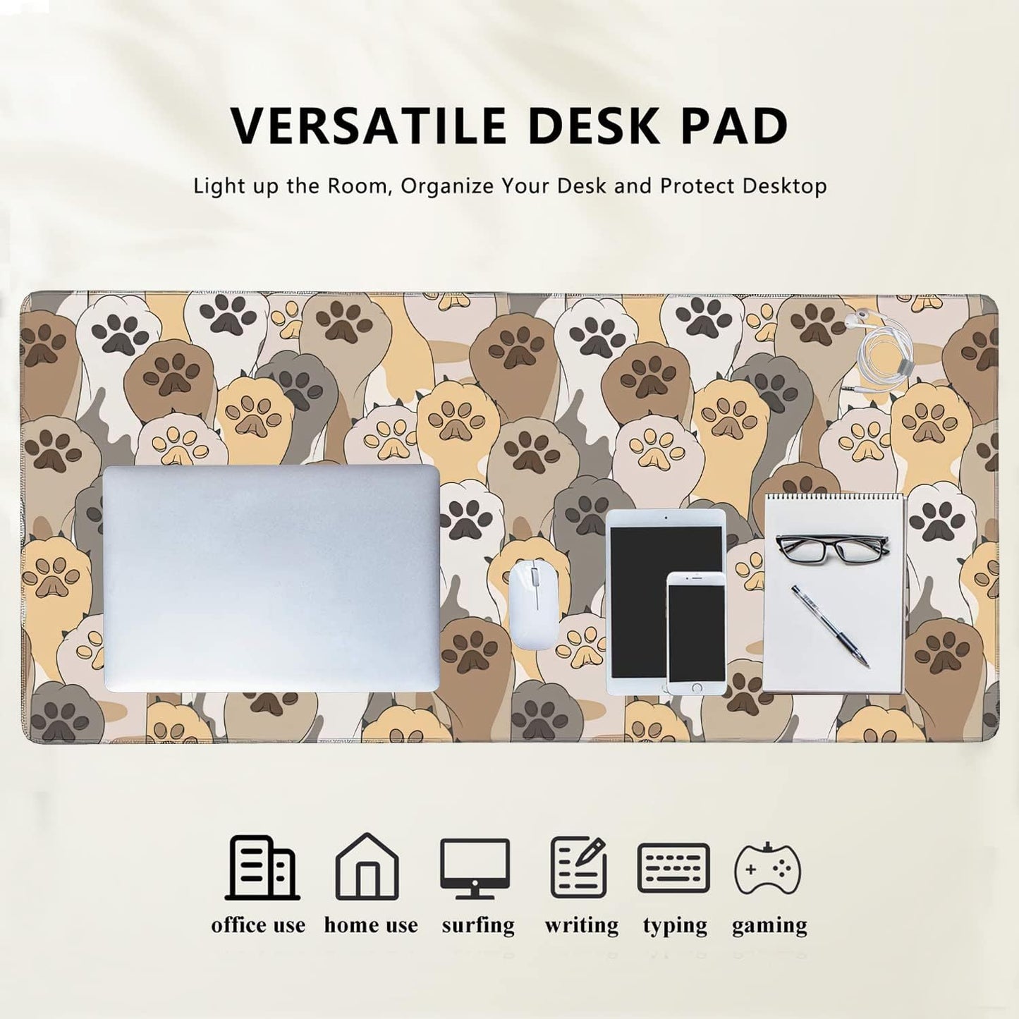 Kawaii Cute Cats Footprint Extended Gaming Mouse Pad Large Desk Mat with Non-Slip Rubber Base and Stitched Edges,Keyboard Mouse Mat Desk Pad for Work,Game,Office,Home 35.4 * 15.7 Inch