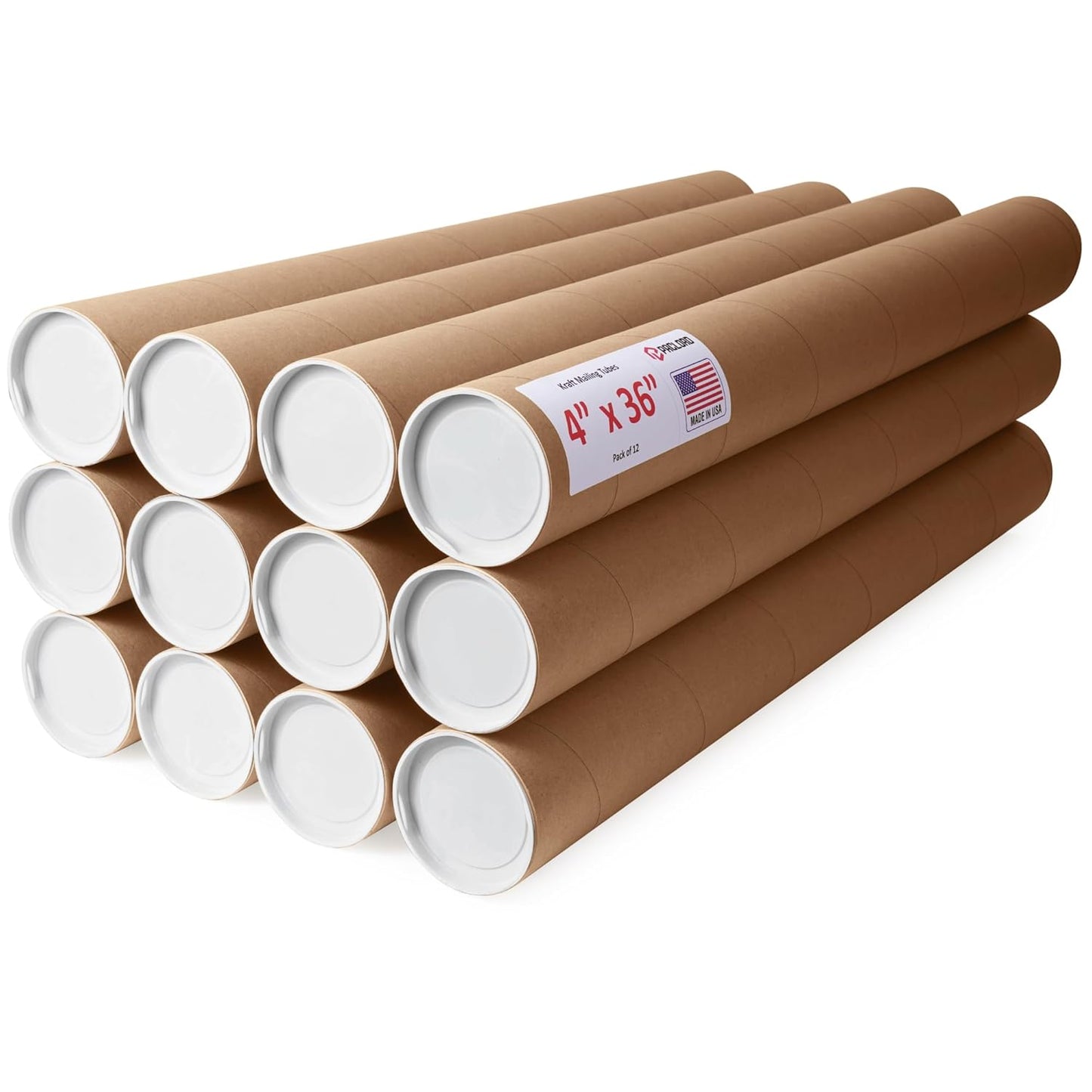 4" x 36" Reinforced Kraft Paper Mailing Tubes, Pack of 12 Tubes with 2 Caps Each – USPS Approved Poster Tube – Made in USA Cardboard Tube for Shipping and Storing Posters, Prints, Artwork, Documents