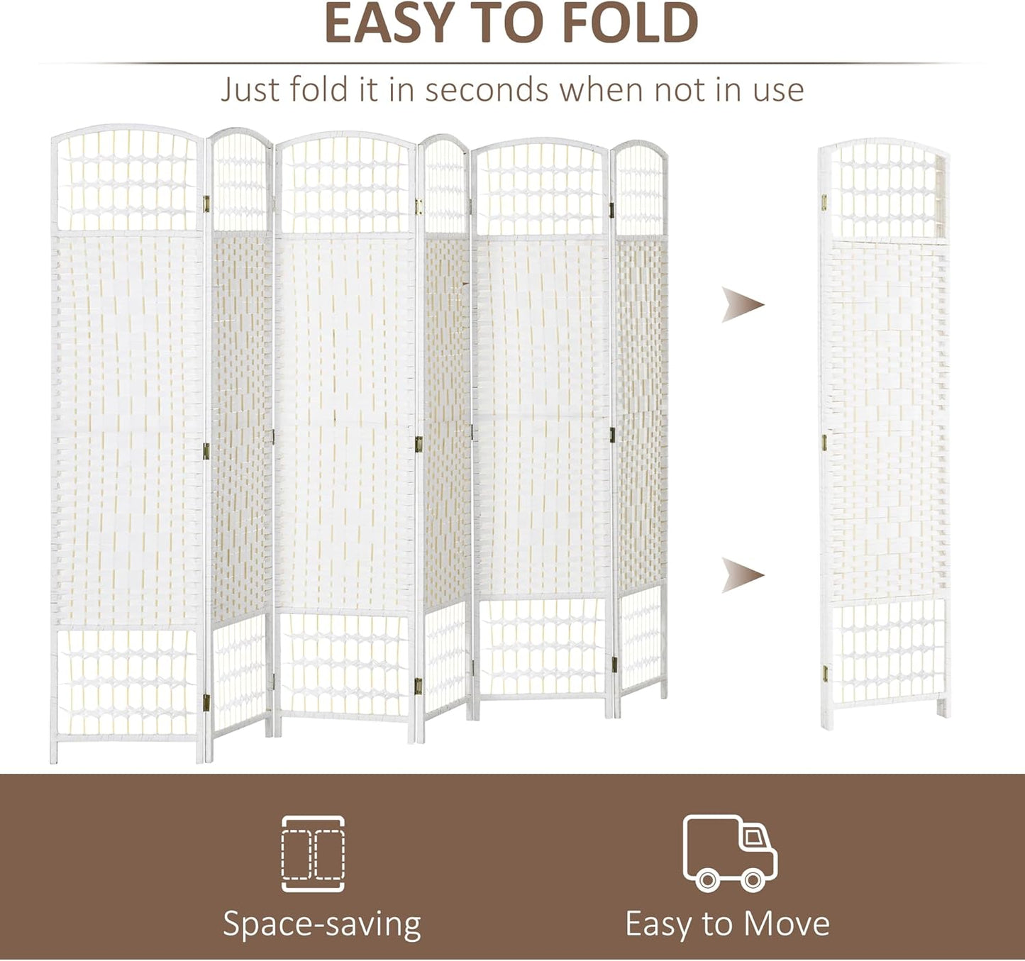 HOMCOM 6 Panel Room Divider, Folding Privacy Screen, 5.6' Room Separator, Wave Fiber Freestanding Partition Wall Divider, White