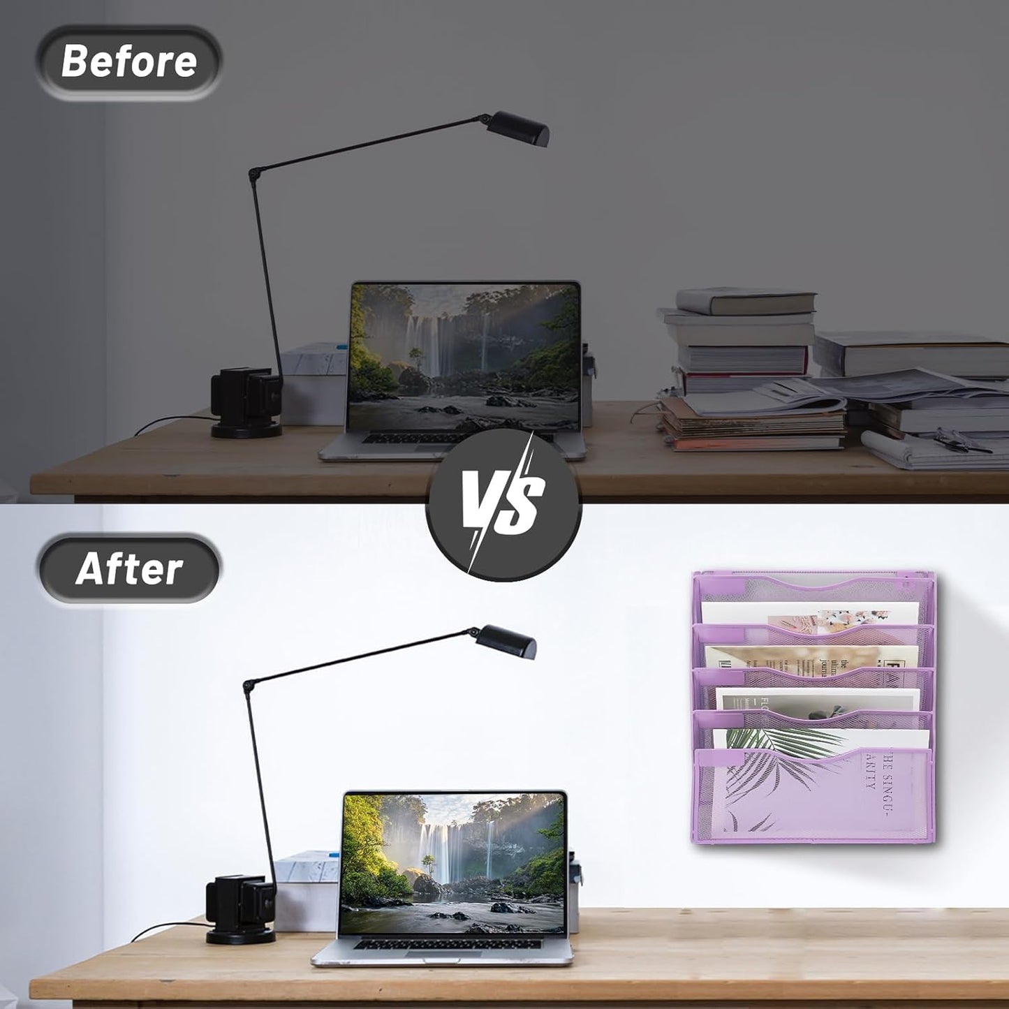 EASEPRES 5 Pocket Mesh Hanging Wall File Organizer, Wall Mounted Mail Paper Document Folder Holder, Clipboard Storage Organization Magazine Rack with Nametag Label for Office Home School, Light Purple