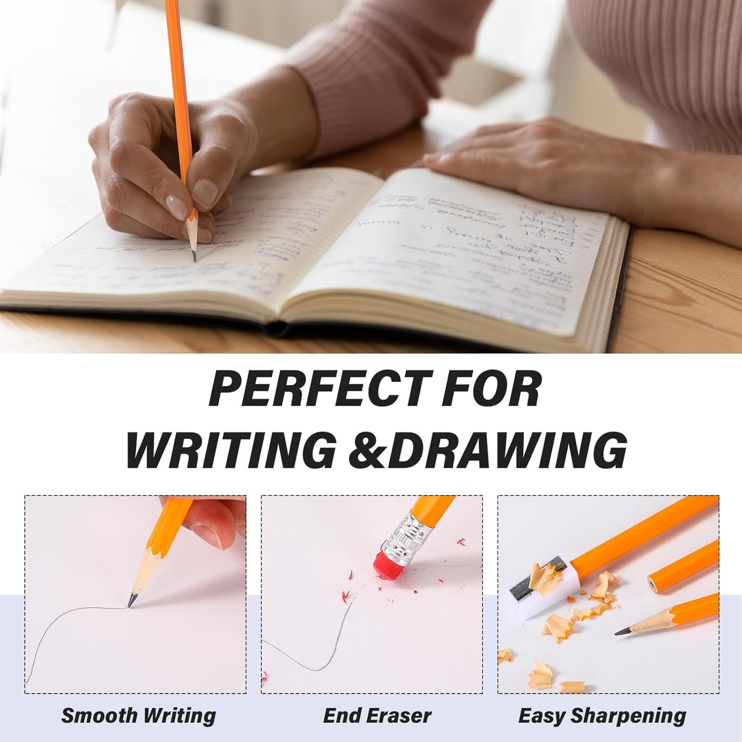 TecUnite 60 Pcs HB Pencils #2 Unsharpened Wood Cased Pencils with Eraser Hexagonal Pencil Cute Graphite No 2 Pen for Adults Gifts Exam School Office Sketching Learning(Yellow, Silver)