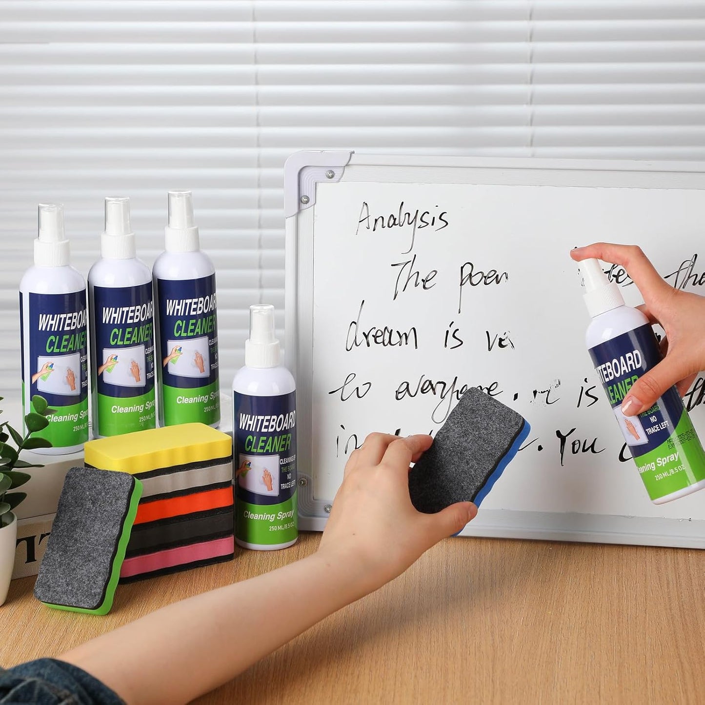 16 Pcs Dry Erase Whiteboard Cleaner Set, 8.5 fl oz Whiteboard Cleaning Spray Dry Erase Board Liquid Cleaner with 8 Magnetic Chalkboard Board Erasers for Classroom Home Office