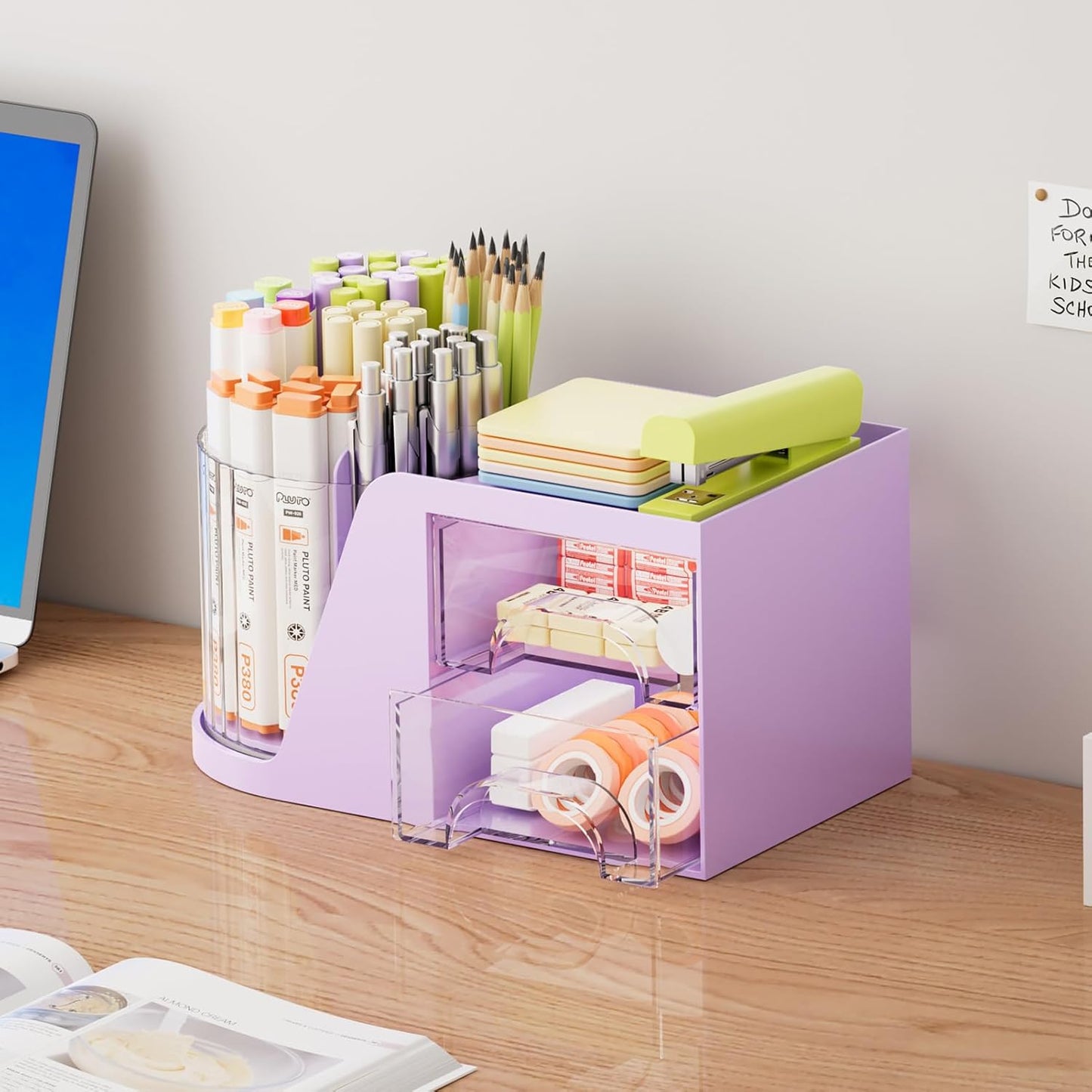 Marbrasse Desk Organizer with 2 Drawer, 360°Rotating Pen Holder, Desk Organizers and Accessories with 6 Slots Pencil Holder + 2 Drawer, Art Supply Storage Box Caddy for Office (Purple)