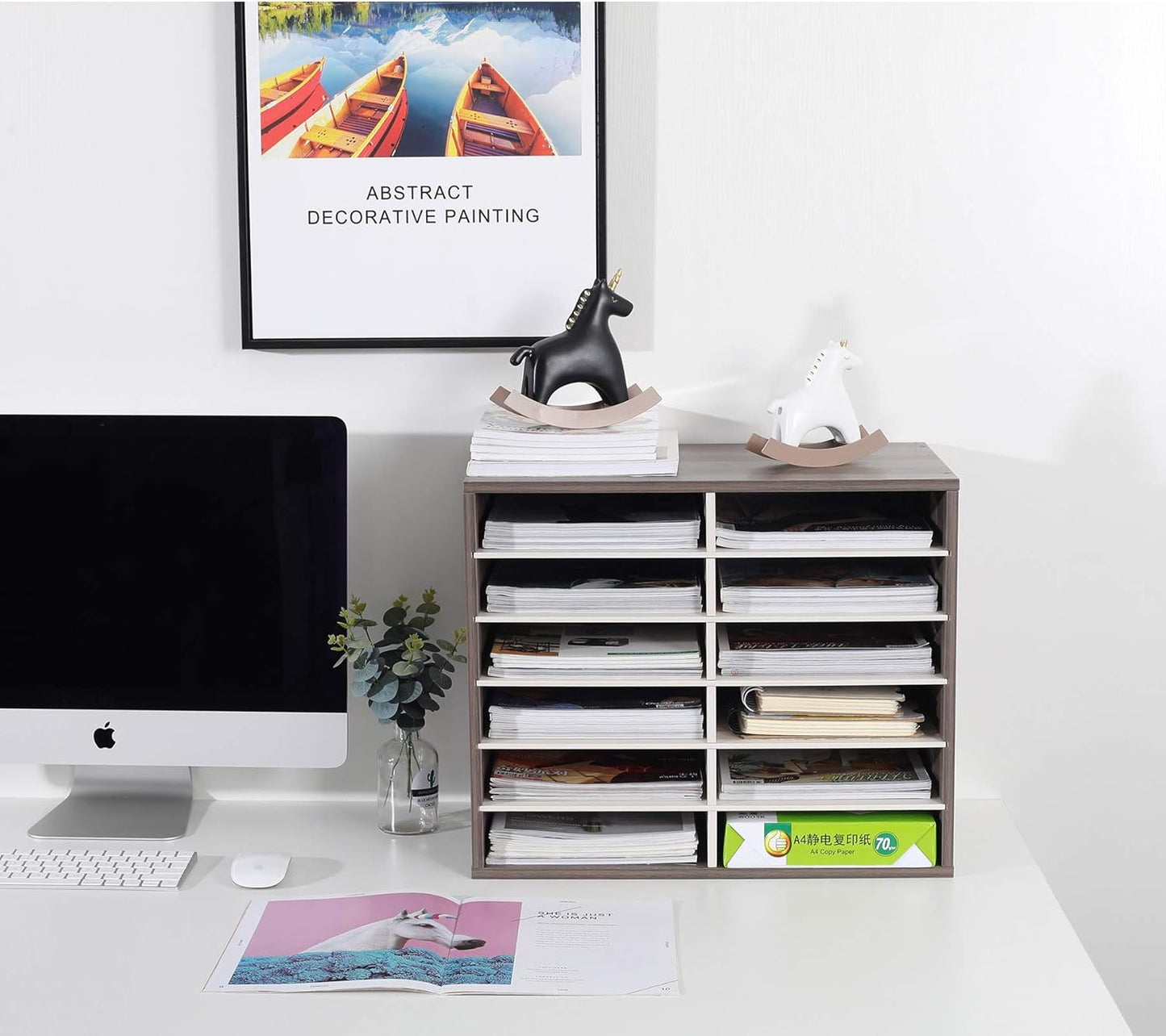 TQVAI Wood Adjustable Literature Organizer Desktop File Sorter Mail Center Paper Storage Cabinet Home & Office Mailbox School Classroom Keepers, 12 Slots Compartments, Retro Grey/White