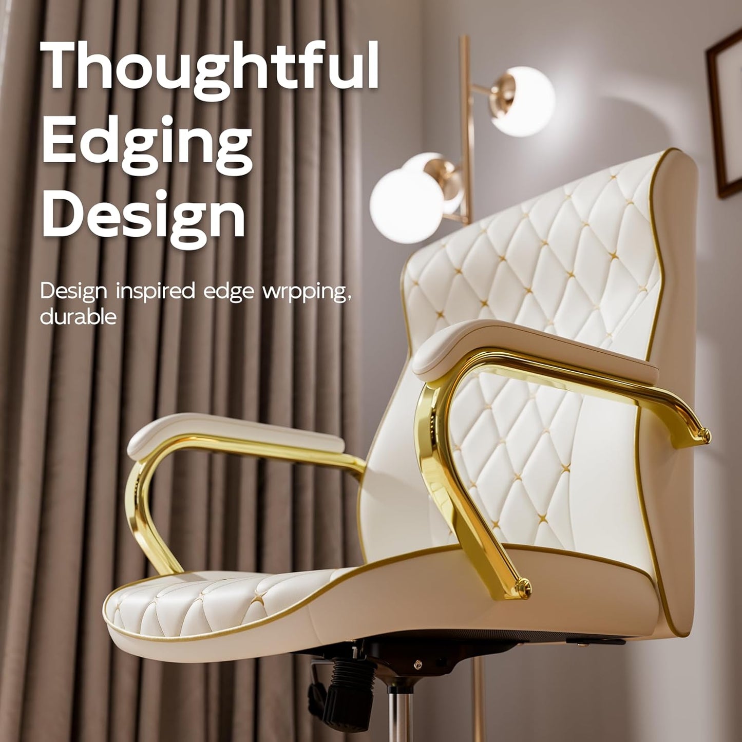 White and Gold Office Chair with Soft Leather Embroidery, Mid Back Vintage Swivel Executive Desk Chair with Wheels and Padded Arms, Adjustable Height