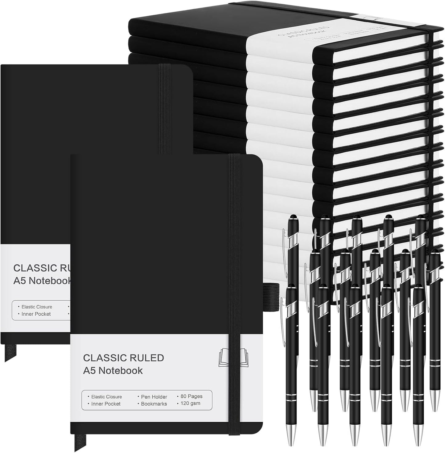 15 Pack Journal Notebook Bulk A5 Hardcover Notebook Classic Journal Set with Pen Holder with 15 Pcs Pens for School Business Work Travel Writing (Black)