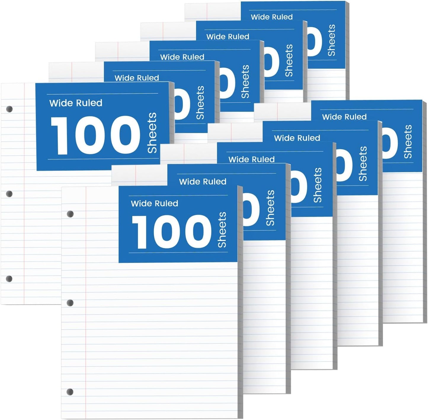 10 Pack Loose Leaf Paper 8.5 x 11, 1000 Sheets Lined Paper for 3 Ring Binders, Wide Ruled Notebook Paper, 3 Hole Punch Binder Paper, 100 Sheets/Pack Filler Paper for Office, School, and Home