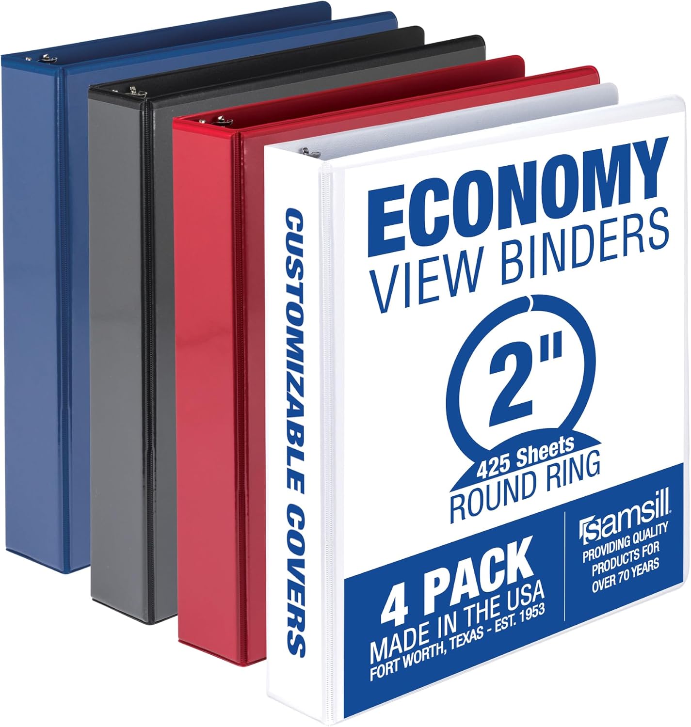 Samsill 2 Inch 3 Ring Binders, Made in USA, Economy Round Ring, Clear View Cover, 425 Sheet Capacity - for School, Home, Office - Assorted, 4 Pack