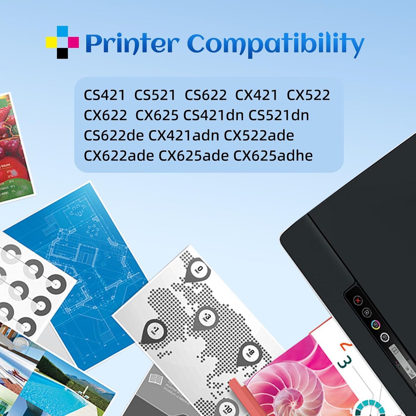 78C10K0 78C10C0 78C10M0 78C10Y0 High Yield Toner Cartridge Replacement for Lexmark CS421 CS521 CS622 CX522 CX421 CX622 CX625 CS622de CS521dn CS421dn CX421adn CX522ade Printer （4 Pack）