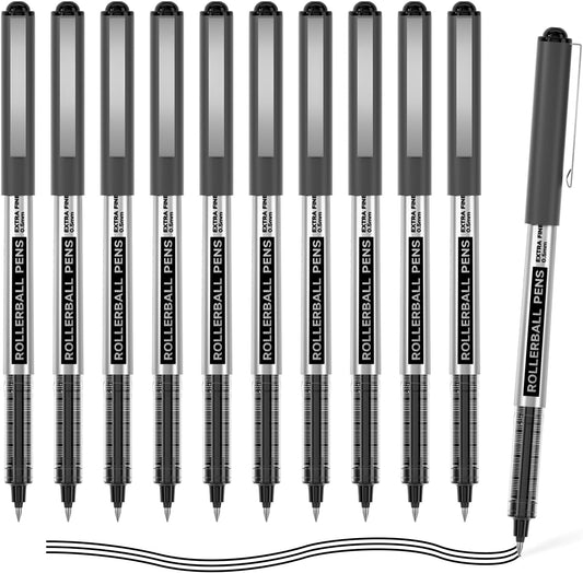 Shuttle Art Rollerball Pens, 10 Pack 0.5mm Extra Fine Point Black Liquid Ink Pens, Quick Drying & Long Lasting Pens Black Ink for Writing, Journaling, Notes Taking, School Office Supplies