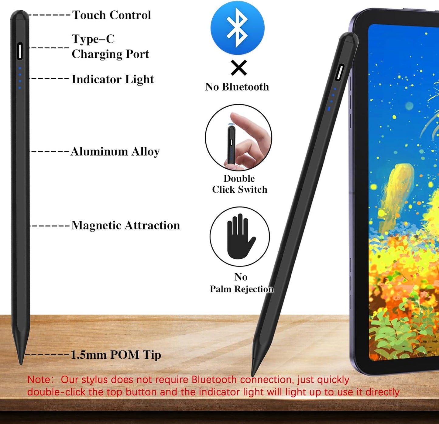 Active Stylus Pens for Touch Screens Rechargeable Tablet Pen POM Tip Magnetic iPad Pencil Stylus Pen for iPad/Pro/Air/Mini/iPhone and Other Smartphone Device-Black