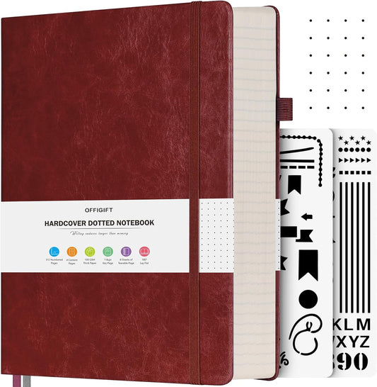 Dotted Journal Notebook, 312 Numbered Pages Large B5 Hardcover Leather Notebook, 100gsm No Bleed Paper Dot Grid Notebook with Index Pages, Dot Journal for Women Men, 7.6'' X 10'', Burgundy
