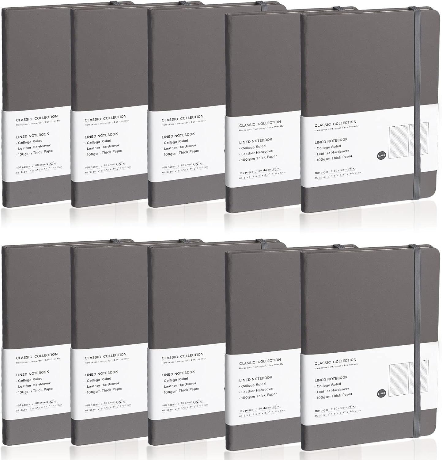 Lined Journal Notebook, 10Pack(Dark Gray), 160 Pages, Medium 5.7 inches x 8 inches - 100 gsm Thick Paper, Hardcover