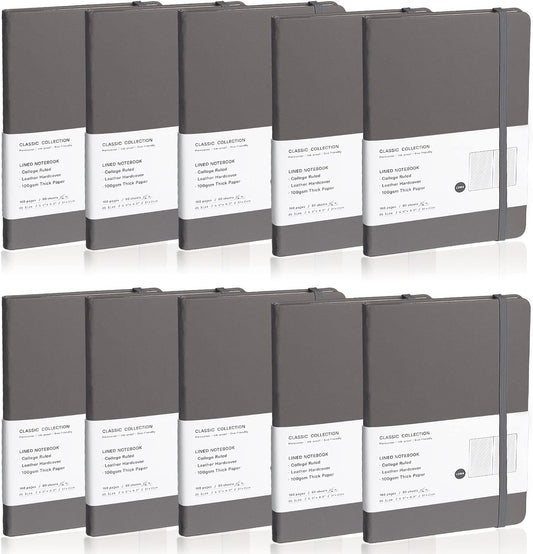 Lined Journal Notebook, 10Pack(Dark Gray), 160 Pages, Medium 5.7 inches x 8 inches - 100 gsm Thick Paper, Hardcover