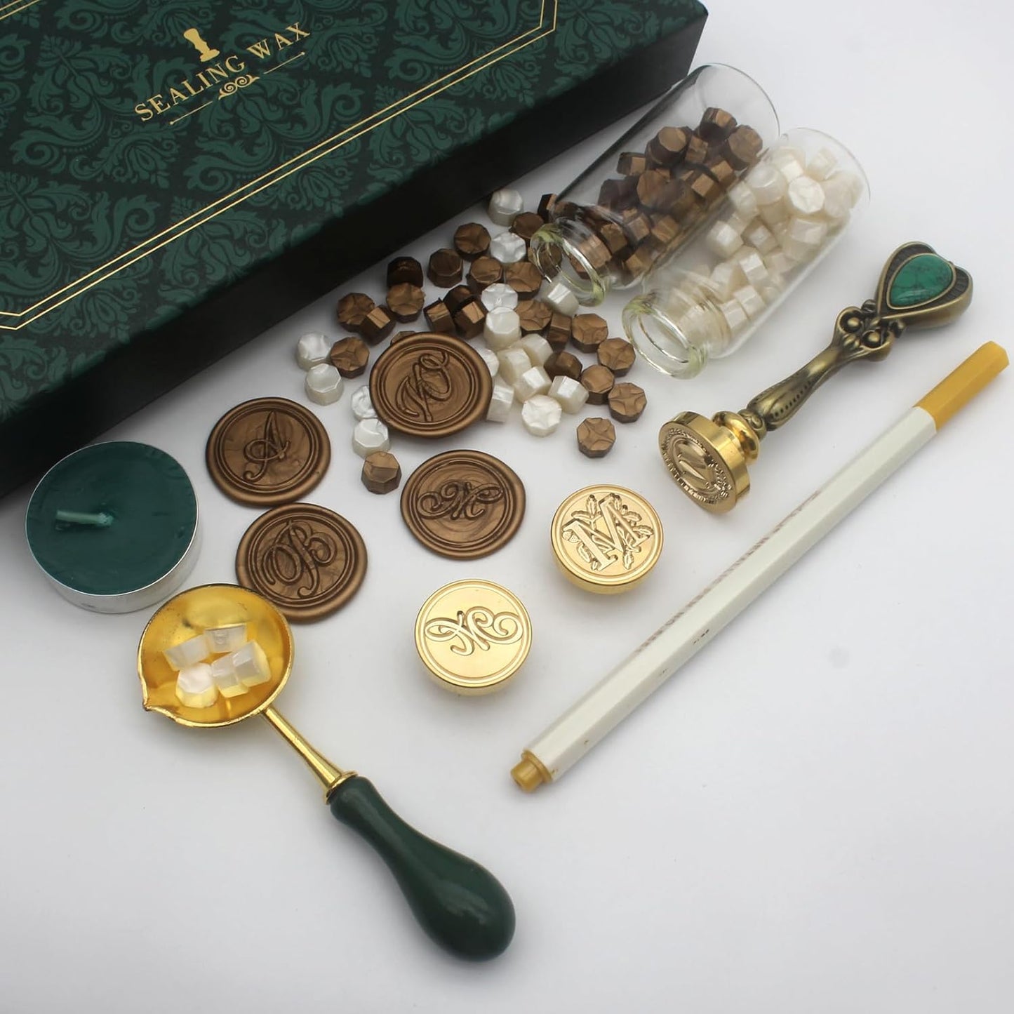 Letter Wax Seal Stamp Kit, Andotopee Wax Seal Kit Initial Alphabet M Sealing Wax Stamp Head 3pcs, Vintage Wax Stamp Seal Kit with Wax Seal Beads, Wax Seal Warmer Tools, Wax Seal Pen, Gift Box Set
