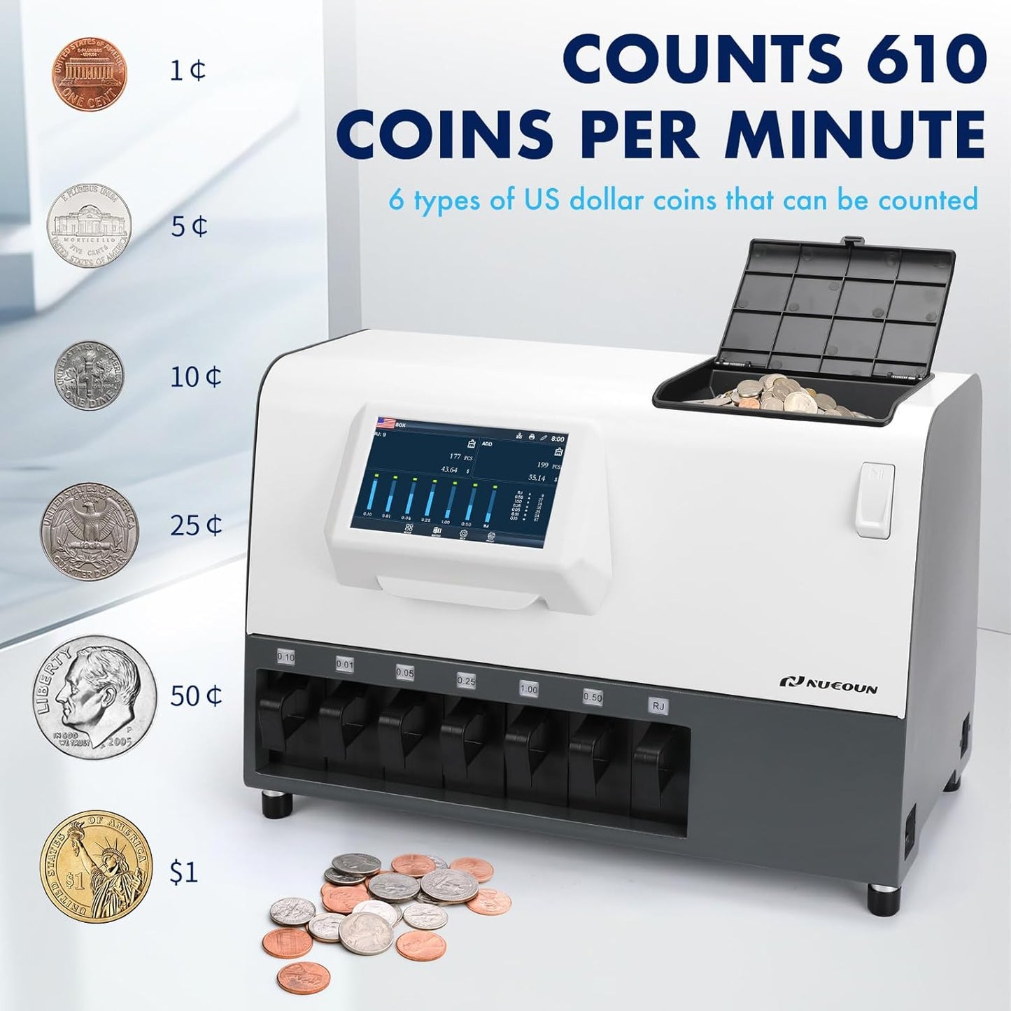 NUCOUN C600 Coin Counter Bank Grade, Heavy Duty 7-Pocket USD Coin Sorter,7-inch Touch Screen,High Speed 610 Coins/min, Printer Enable, Two-Year After Service