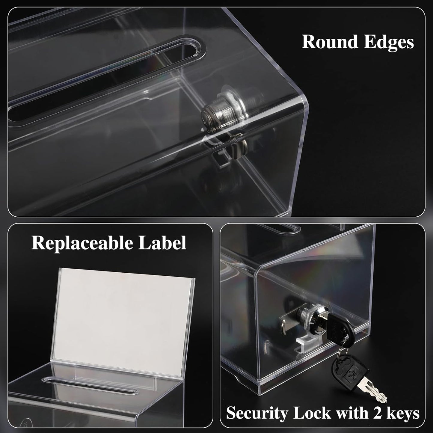 VOISEN Clear Donation Box with Lock,2 Pack Ballot Box with Sign Holder,Suggestion Box for Fundraising, Voting Box with Slot for School,Conference 6.2x4.6x3.9 Inch