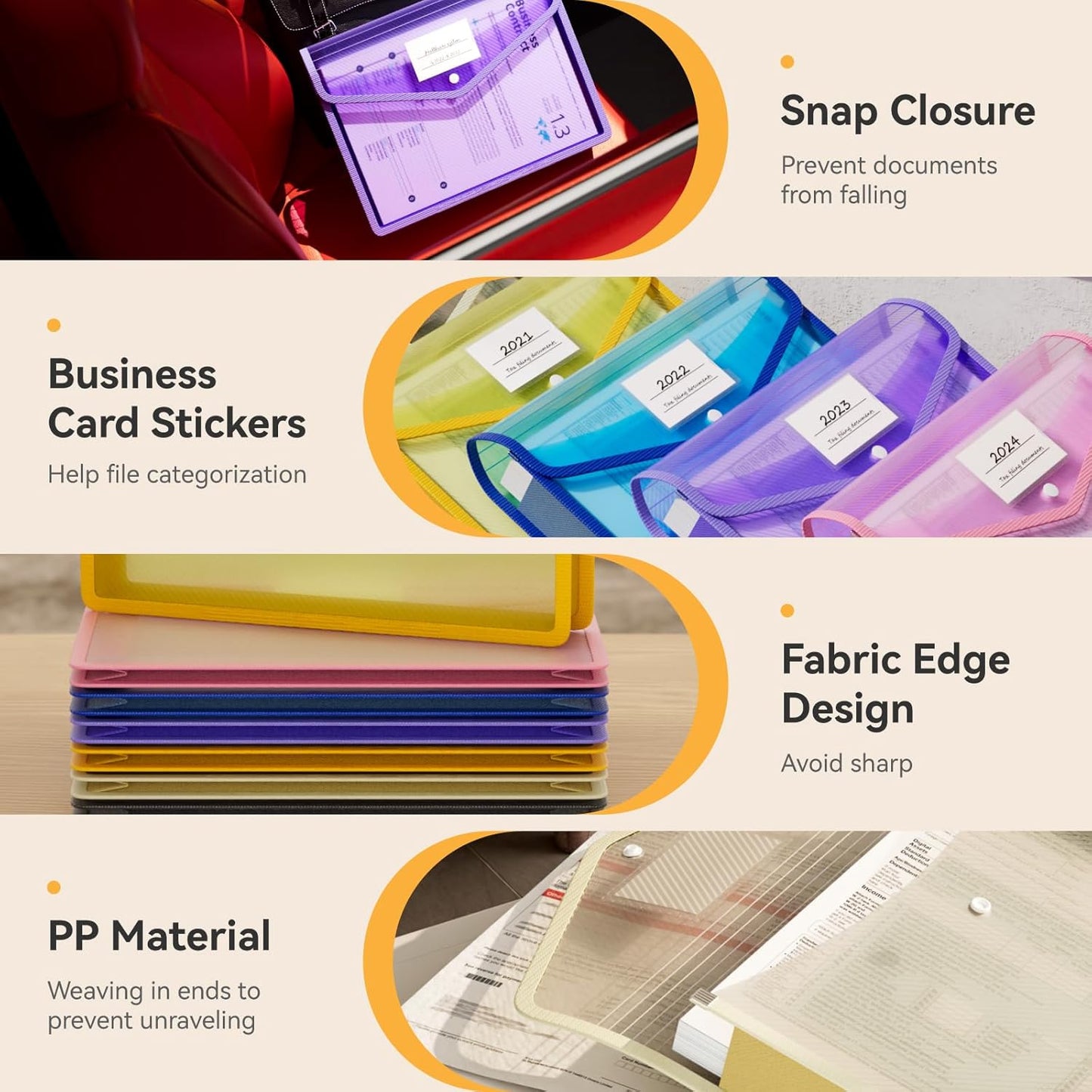 ABC life 6 Pack Plastic Expanding File Folder, Transparent Envelopes with Snap Closure, No Dividers, Large Capacity, Assorted Colors, Large Capacity, Fit Letter/A4 Size - Mutilcolor 03