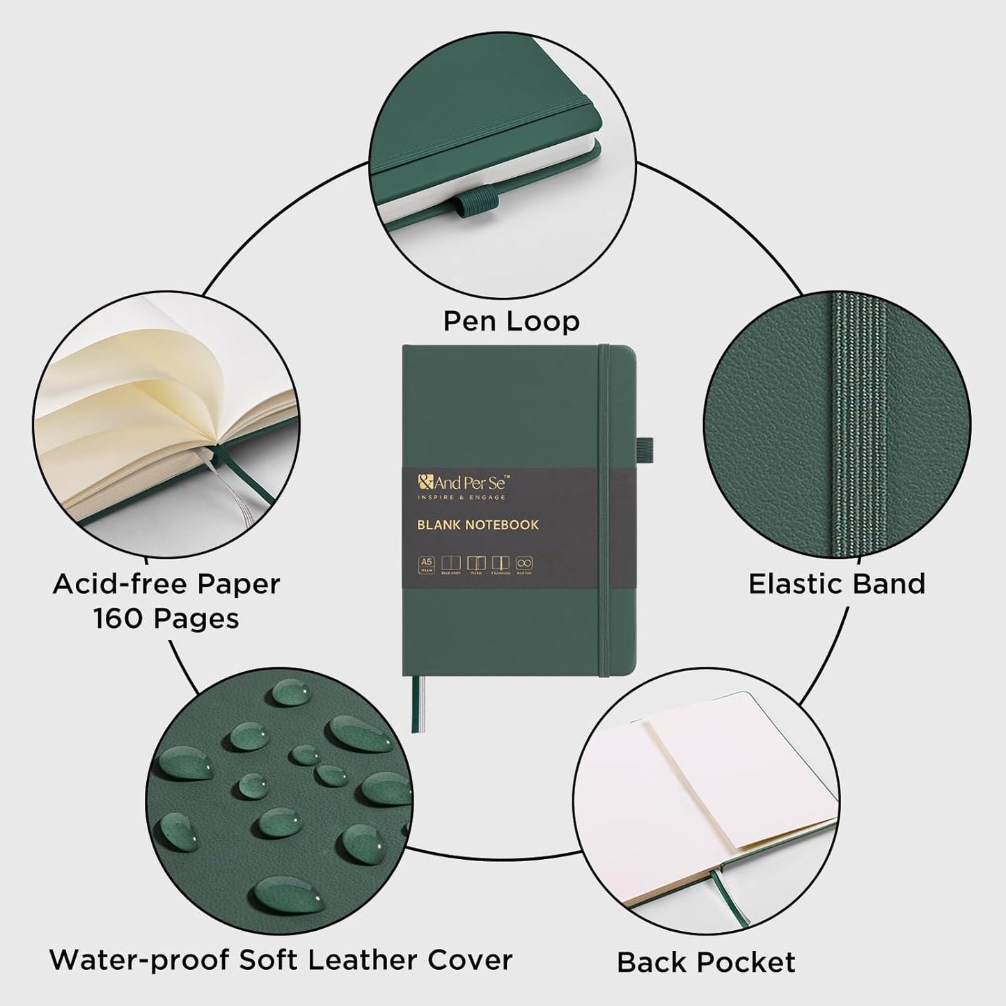 &And Per Se Blank Journal Notebook, 160 Pages, 5.7 x 8 inches College Ruled Thick Paper Notebook Journals for Writing, Hardcover Notebook(1 Pack, green)