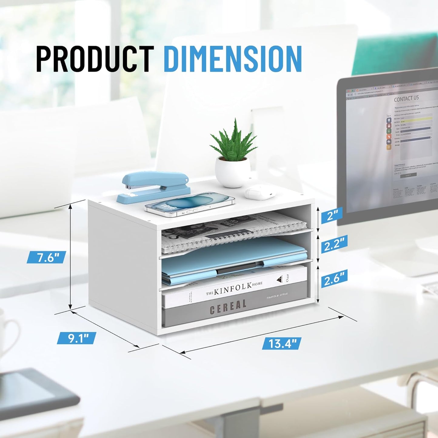 Wood Desk Organizer, 3 Tier Paper Tray Organizer for Desk with Adjustable Storage Shelves, Desktop Paper Sorter Mail Holder for Office Home Classroom, White