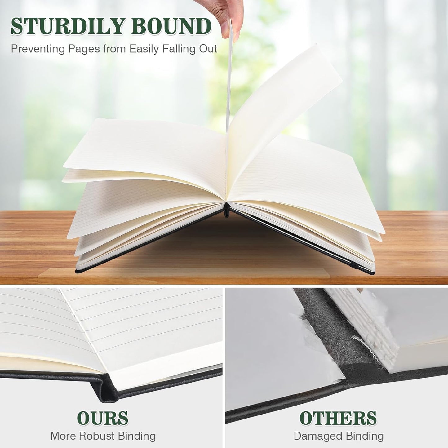 Lined Journal Notebook, 3 Pack A5 College Ruled Notebooks for Work, Hardcover Notebook Each with 2 Pockets & Pen, Leather Journal for Women, Men, 160 Pages, 100GSM Thick Paper ( Green 5.7" x 8.3" )