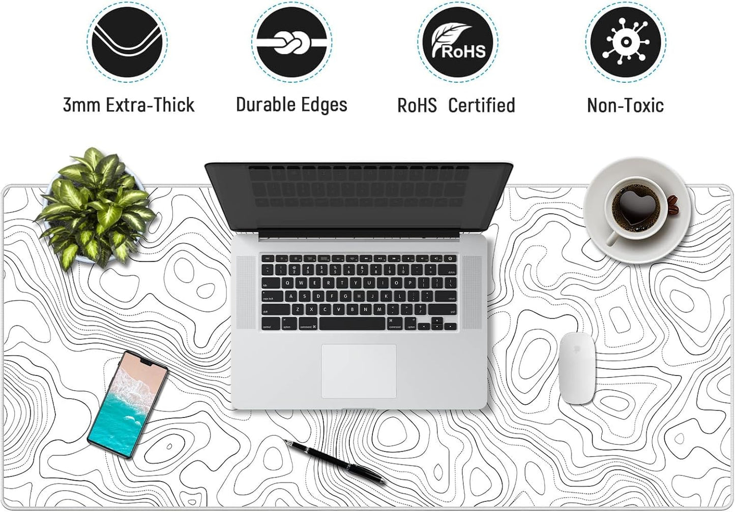 JIALONG White Topographic Large Gaming Mouse Pad, XXL Mousepad, Big Mouse Mat Desk Pad for Keyboard and Mouse, Gaming Computer Laptop PC Desk Office Accessories