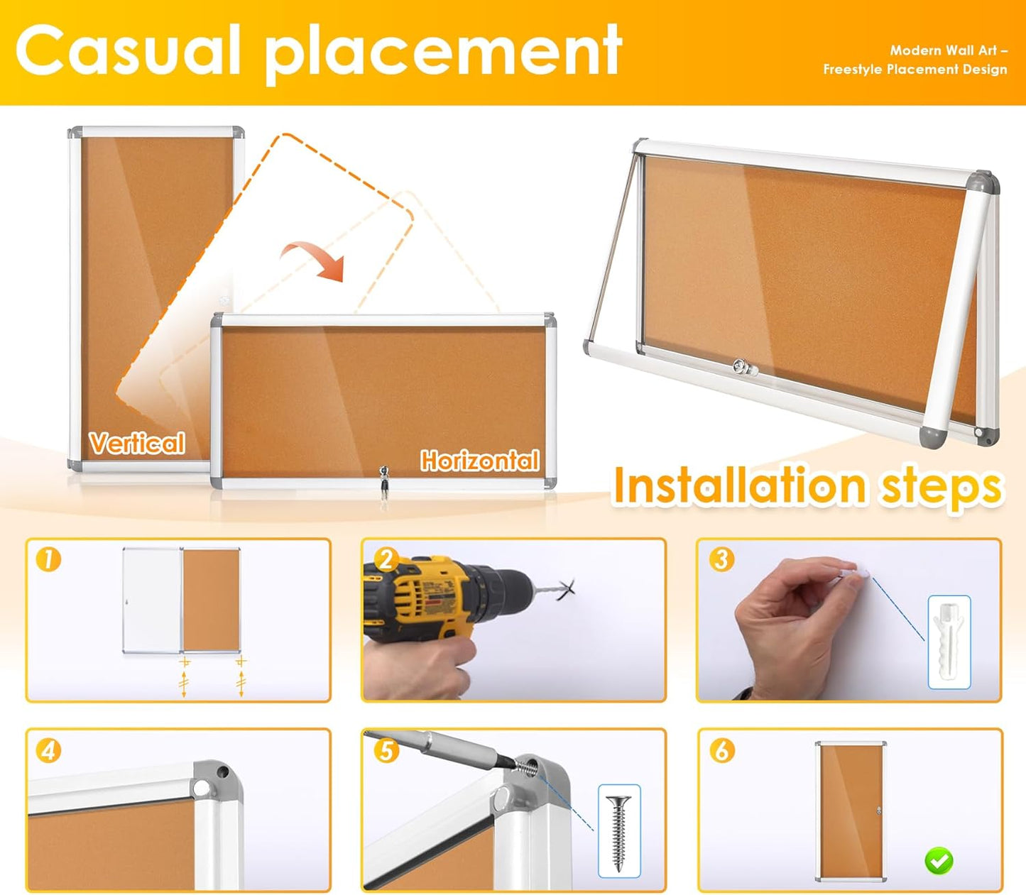 SWANCROWN Lockable Noticeboard Wall-Mounted Bulletin Pin Cork Boards Message Board with Aluminium Frame 28x14 inch