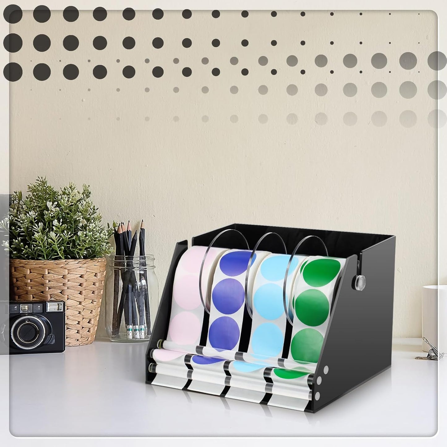 Adjustable Label Dispenser Acrylic Sticker Roll Dispenser Label Roll Holder Multi Use Sticker Holder Organizer Stand for School Gifts and Home Office Desktop(4 Disks)