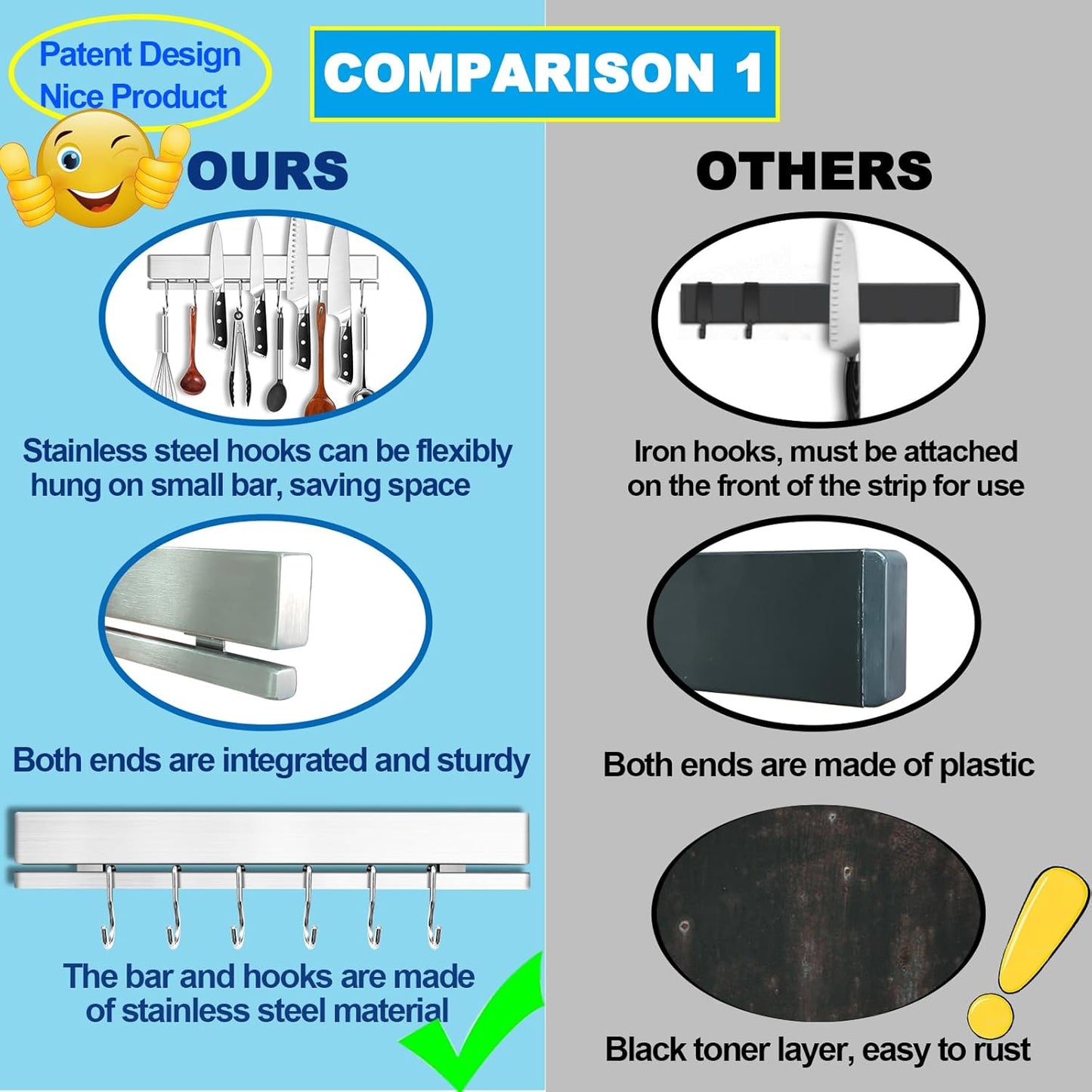 YIIYIIN 17" Premium 304 Stainless Steel Double-Sided Magnetic Knife Holder for Wall or Fridge -with Adhesive Strip, No Drill - 12 Hooks Included for Kitchen Utensils