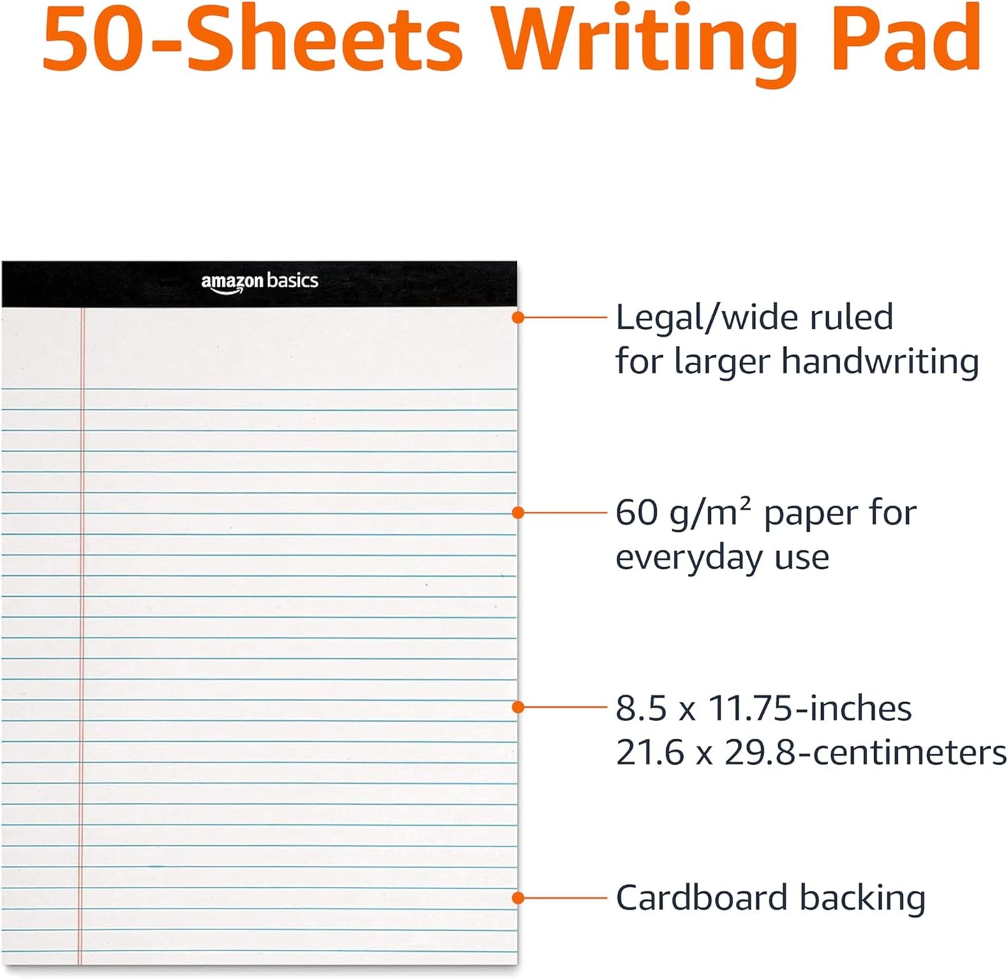 Amazon Basics Wide Ruled Lined Writing Note Pads, 8.5 inch x 11.75 inch, White, 12 Count (12 Pack of 50)