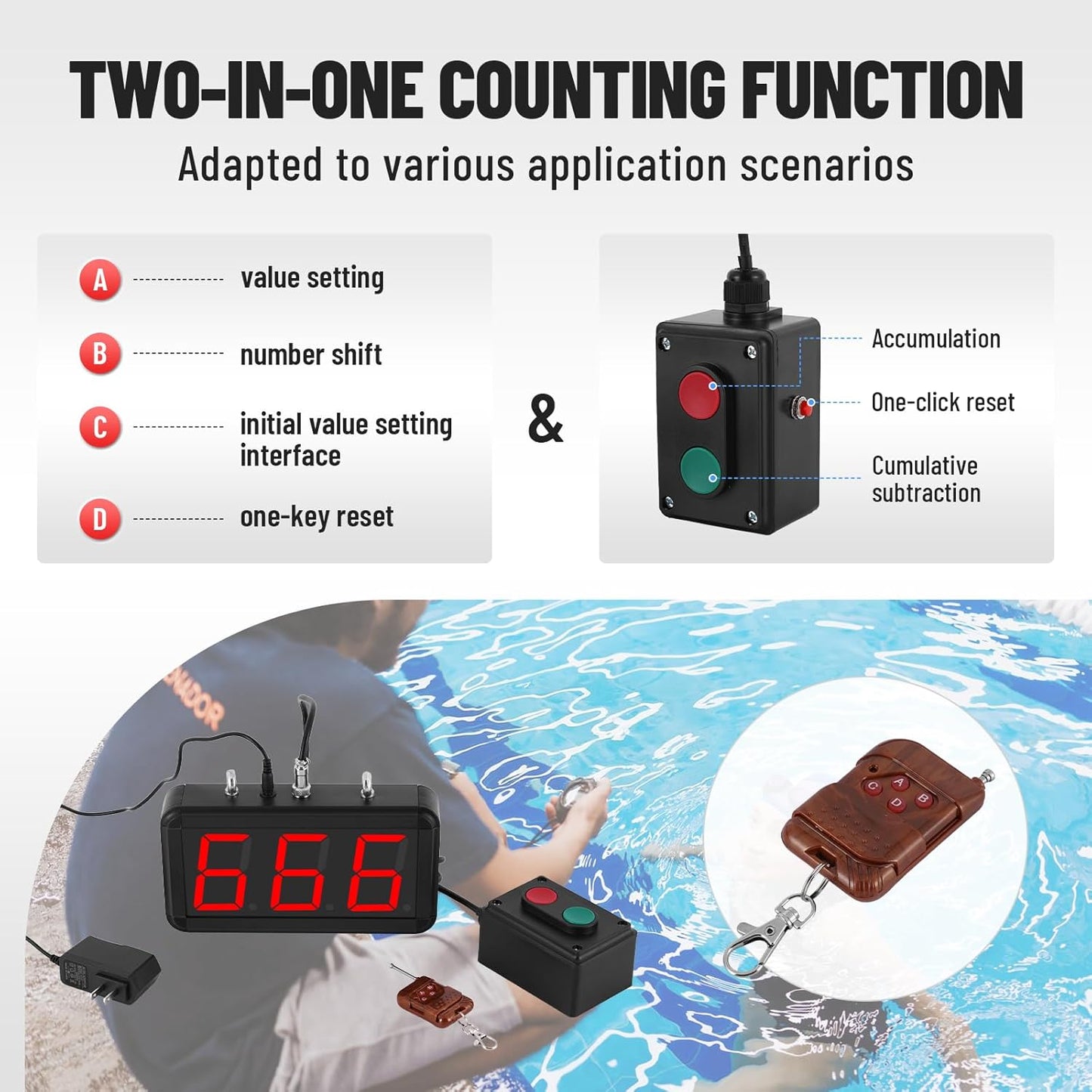 JIAWANSHUN Digital Lap Counter 3.5 inch,Electronic Counter with High-Contrast LED Display, Up/Down Counting & Custom Initial Value, Durable Aluminum Frame for Sports&Golf&Kart Racing