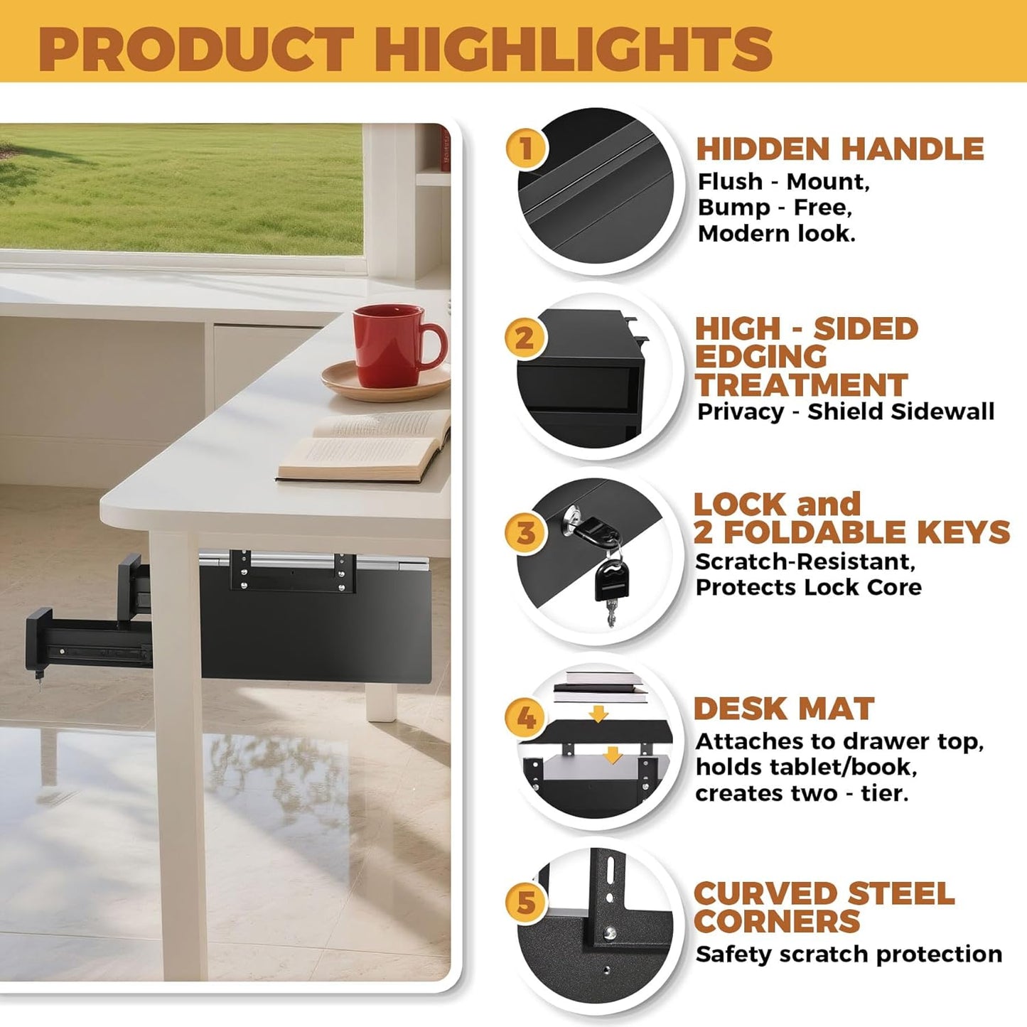 14 In Double Under Desk Drawer,Under Desk Pull Out Drawer with Lock and Keys,Adjustable Height, Metal Storage Drawer with Slide Extension Mounted Under Flat Wooden Table or Workbench, Black