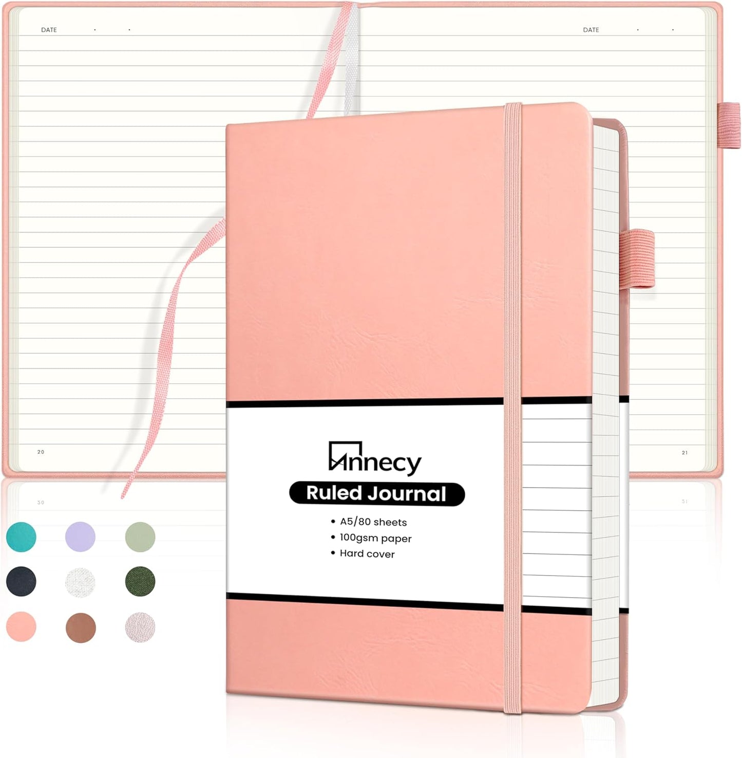 Annecy Lined Journal Notebook, Hardcover Numbered College Ruled Journal, Medium 5.5x 8.25, 160 Pages 100GSM Writing Paper, Peach Pink