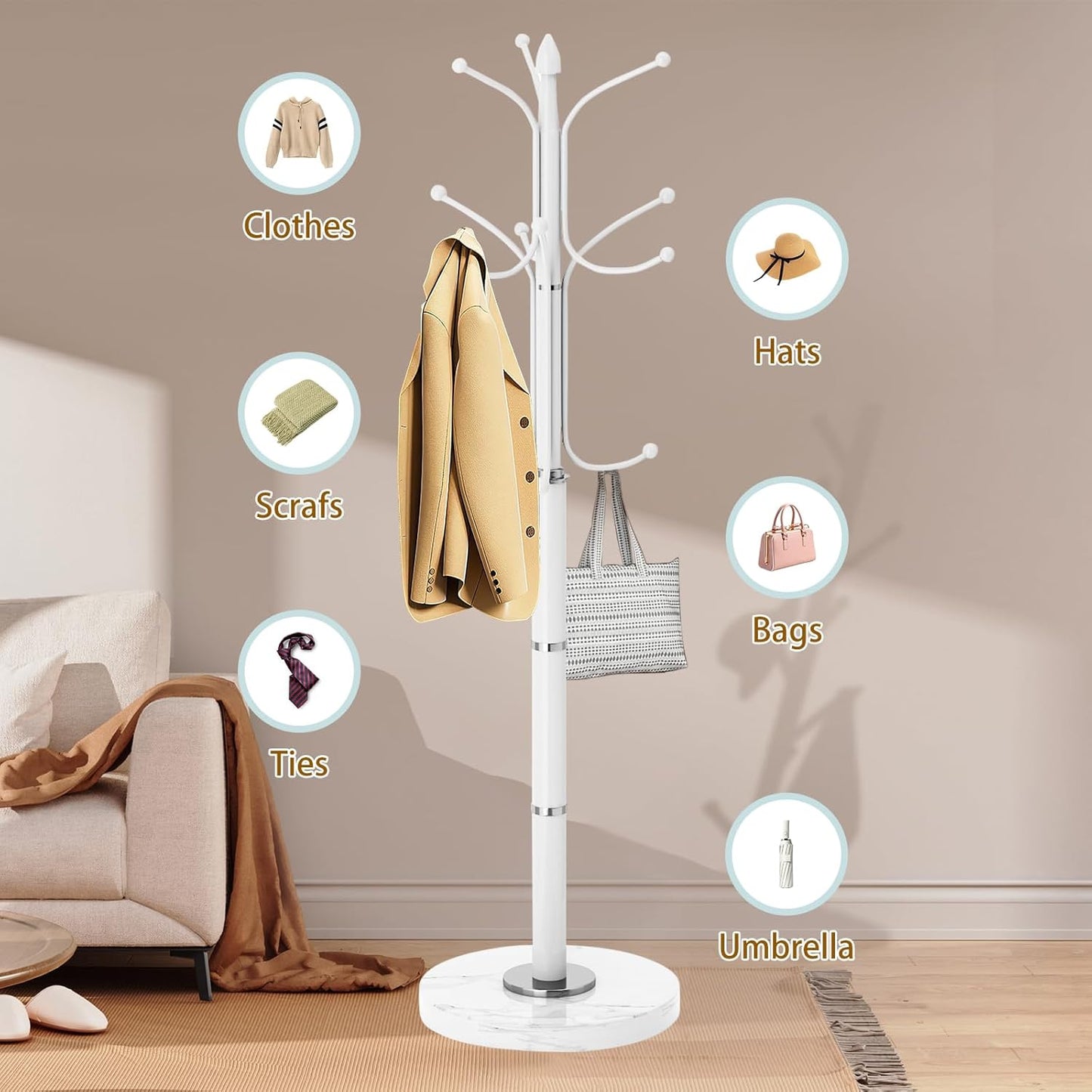 Coat Rack with Natural Marble Base, Metal Modern Coat Racks Freestanding, Coat Rack Stand with 12 Hooks, Coat Tree Hats Hanger Stand for Entryway, Hallway (12 Hooks-White)