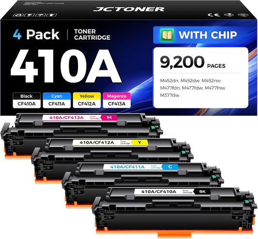 410A Toner Cartridge 4-Pack High Yield Replacement for HP 410A CF410A CF411A CF412A CF413A Compatible for HP Color LaserJet Pro MFP M477fdn M477fdw M477fnw M452dn M452dw M452nw M377dw Printer Ink Copy