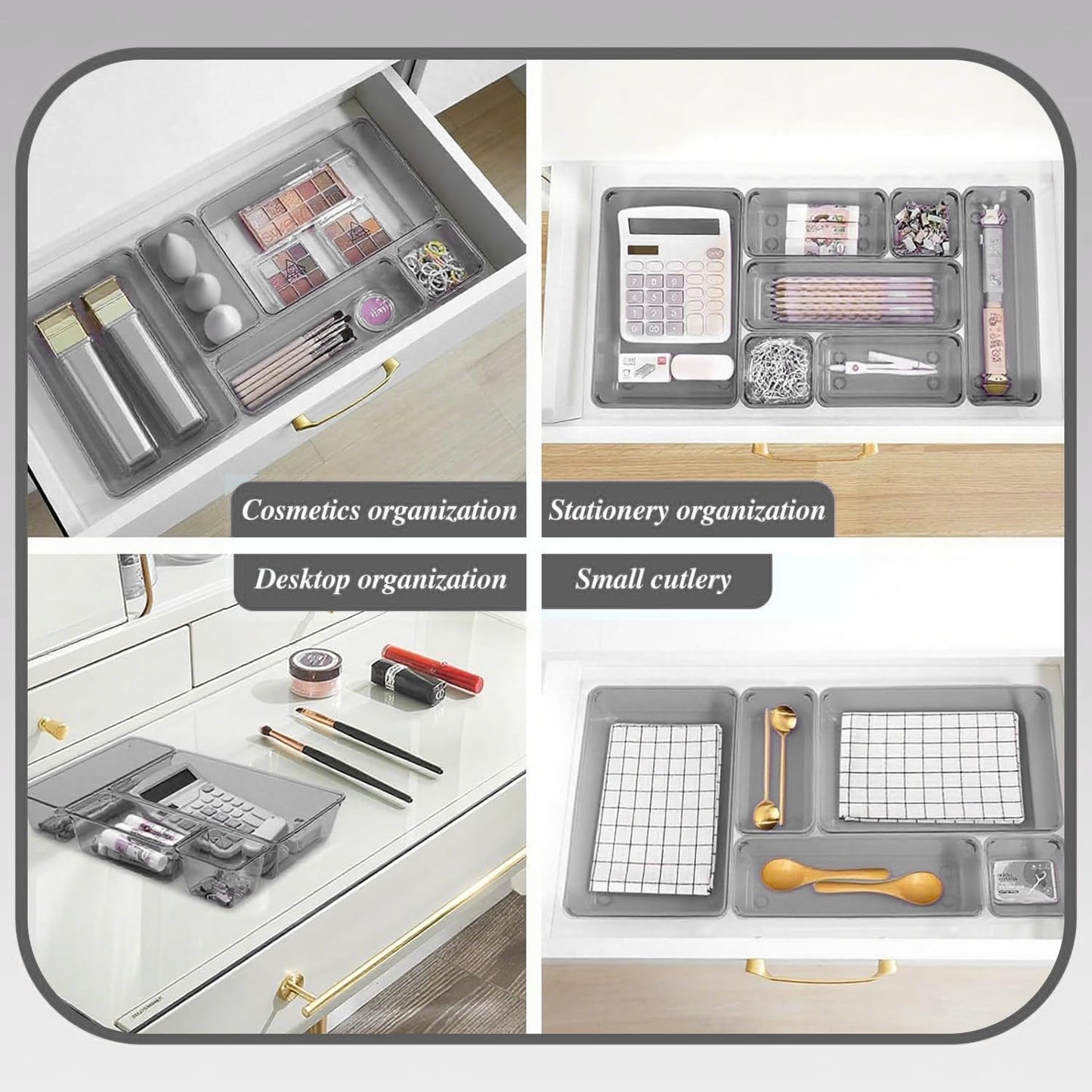 Kitchen Desk Drawer Organizers Storage for Office, Small Acrylic Vanity Trays Makeup Organizer for Drawer Bathroom Plastic Make up Organizers 25 Pcs Clear Black