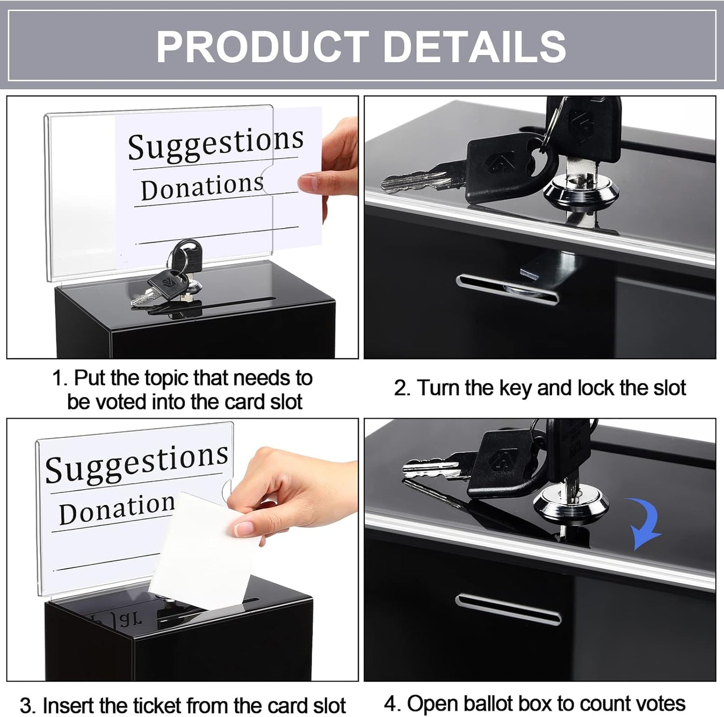 8 Packs Acrylic Donation Box with Lock and Sign Holder Clear Suggestion Ballot Box Plastic Voting Comment for Tip Jars Ticket Charity Survey Raffle Contest Fundraising, 6.1 x 4.3 x 3.8 Inch(Black)