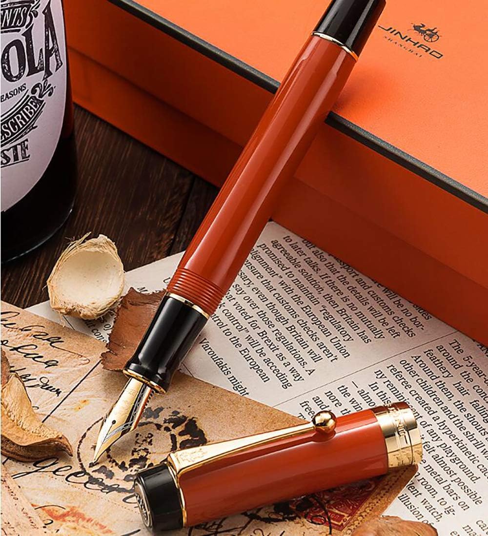 Jinhao 100 Fountain Pen Celluloid Classic Style, #6 Nib Smooth Writing Instrument with Refillable Converter and Pen Case Set