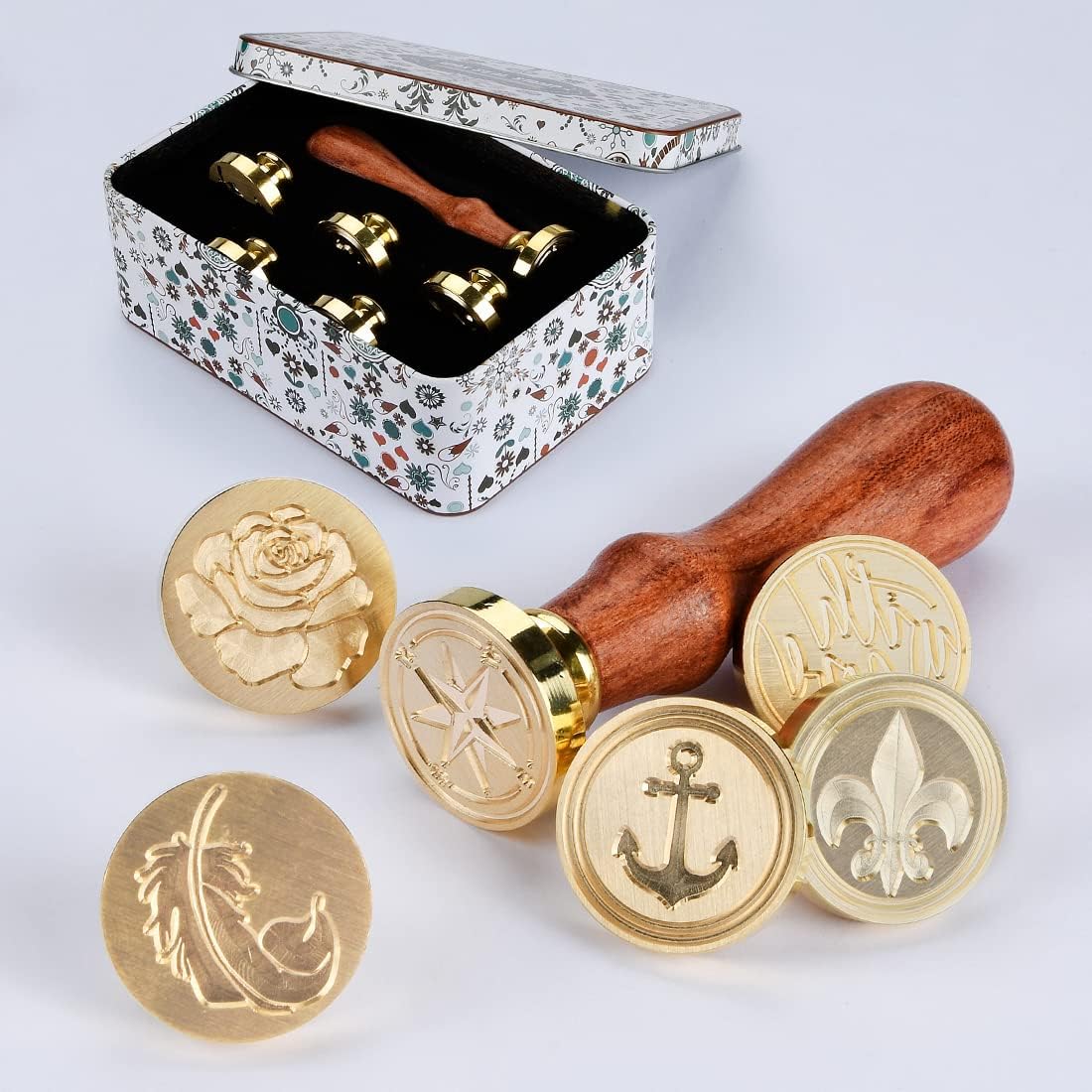 Wax Seal Stamp Kit, 6 pcs Brass Head Wax Stamp & 1 Wooden Handle, 6 Designs (Anchor, Feather, Fleur-de-lis,Compass, with Love, Rose Flower)