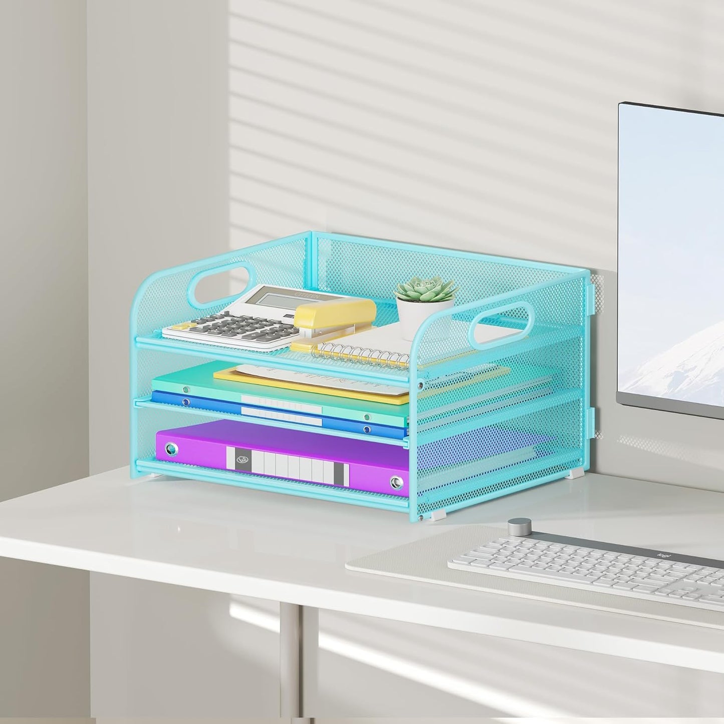 3 Tier Paper Organizer with Handle, Metal Desk Organizer Mesh Paper Letter Tray Desktop File Folder Document Sorter for Classroom, School, Office Accessories Organization and Storage - Blue