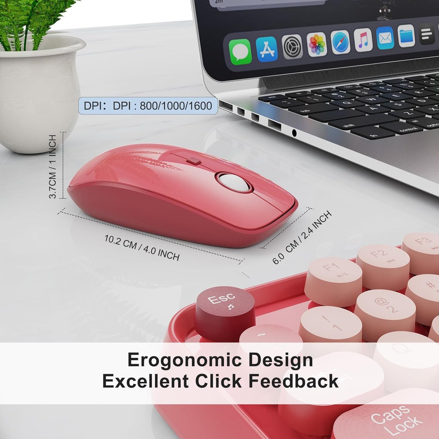 Wireless Keyboard and Mouse Combo, 104 Round Keys Cute Colorful Keyboard and Mouse with Retro Typewriter for PC/Mac/Laptop/Tablet/Computer/Windows Rose