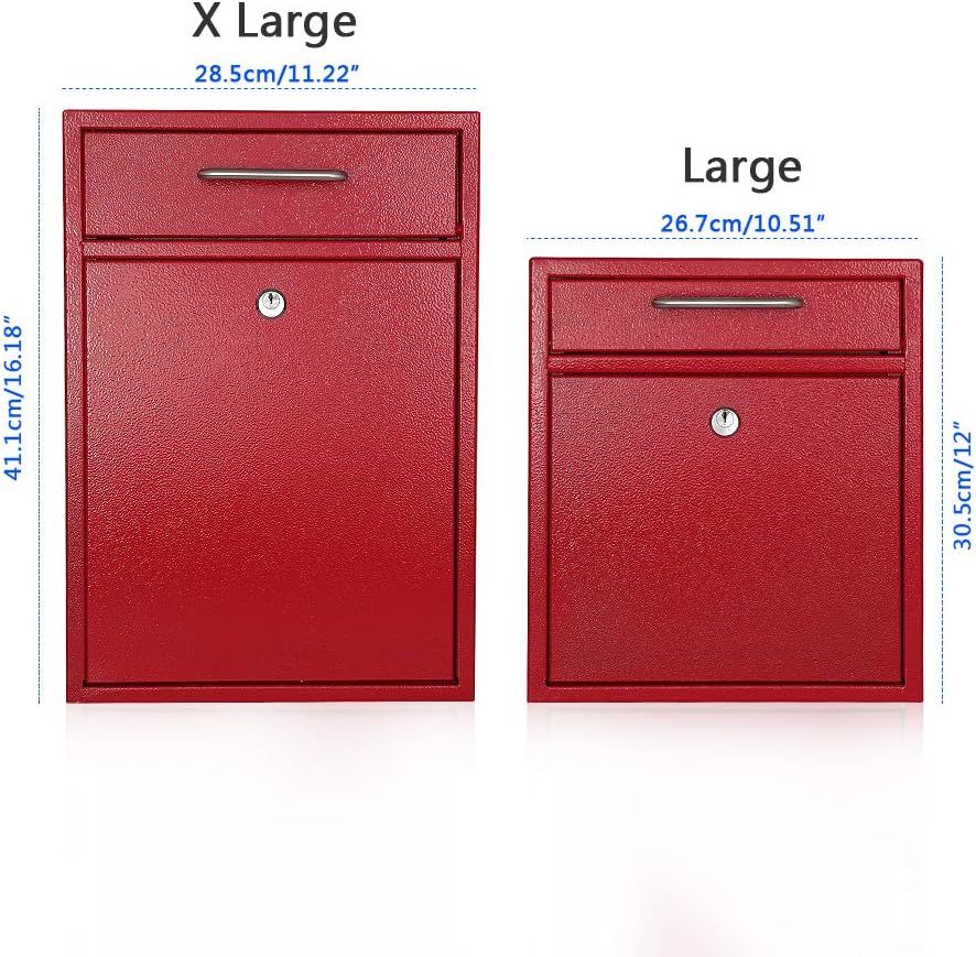 KYODOLED Steel Key Lock Mail Boxes Outdoor, Locking Wall Mount Mailbox, Security Key Drop Box, Collection Boxes,16.2H x 11.22L x 4.72W Inches, Red X Large
