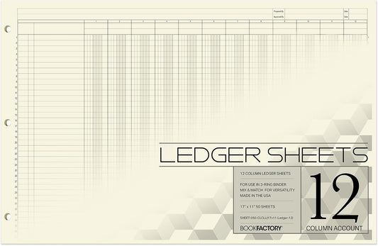 BookFactory Ledger Sheets/Large 12 Column Accounting Ledger Columnar (Twelve Columns) Loose Leaf Paper - 17'' x 11'', 50 Pages, Loose Leaf, 3 Hole Punched (SHEET-050-CLCLL(17x11-Ledger-12)-AX)