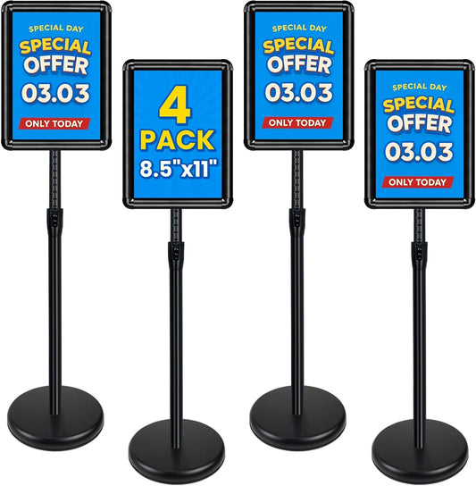 4 Pack Sign Stand for Display - Adjustable 8.5x11 Inch Floor Standing Sign Holder, Pedestal Poster Stand for Vertical&Horizontal View, Indoor&Outdoor Use for Business, Mall, Restaurant - Black