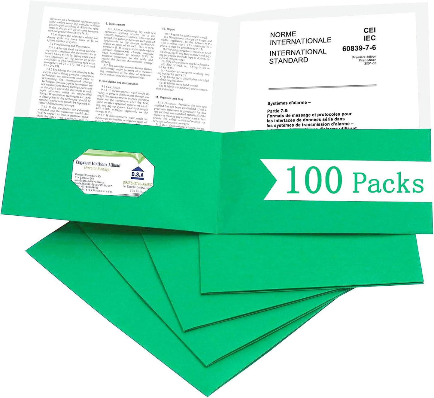 Zzrywuty 100 Packs Paper Folders with Pockets for Students,Businessmen and Office Workers,Letter Size,Two Pocket Folders with Card Slot for Office,Business,School Supplies (Green)