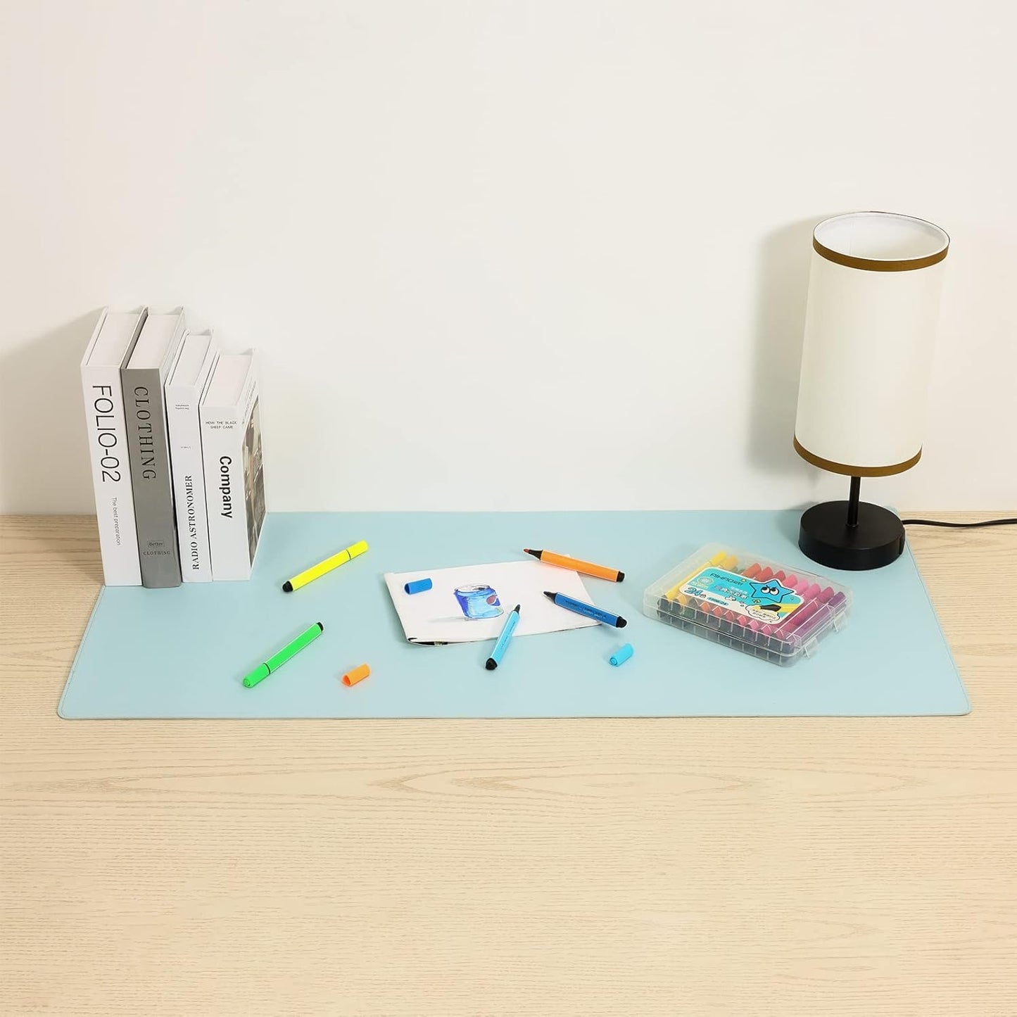 Faux Leather Desk Pad Blotter,Waterproof Non-Slip Writing Desk Mat for Kids,36x17 in Desktop Protector Large Mouse Pad,Light Blue Office Home Table Cover